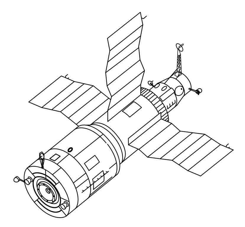 Schemat radzieckiej stacji kosmicznej Salut 6. Ilustracja: domena publiczna/Wikimedia Commons