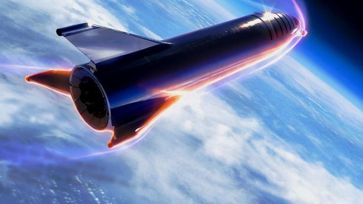 Artystyczna wizja pojazdu Starship wchodzącego w ziemską atmosferę. Ilustracja: SpaceX