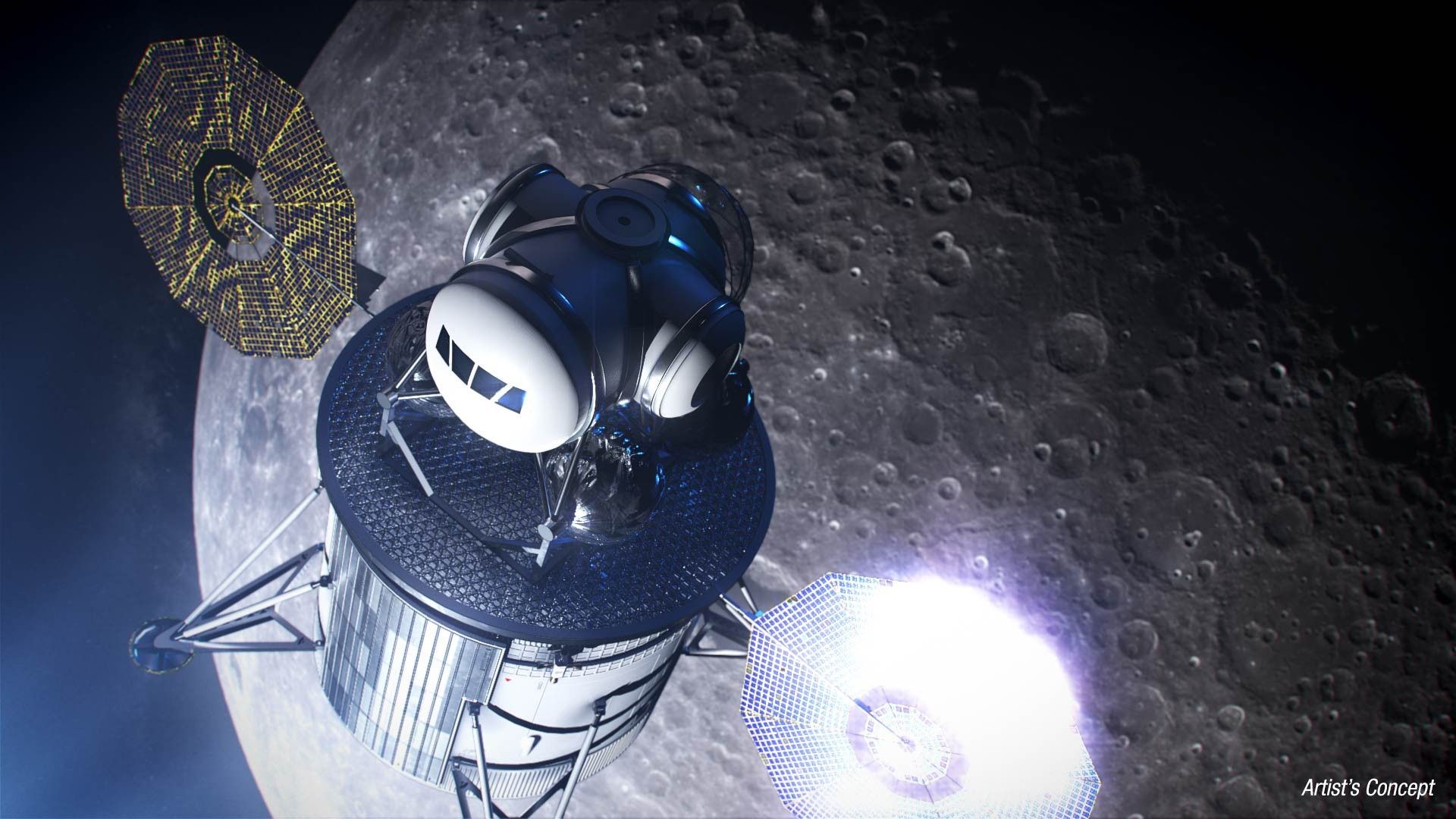 Artystyczna wizualizacja załogowego lądownika księżycowego. Ilustracja: NASA
