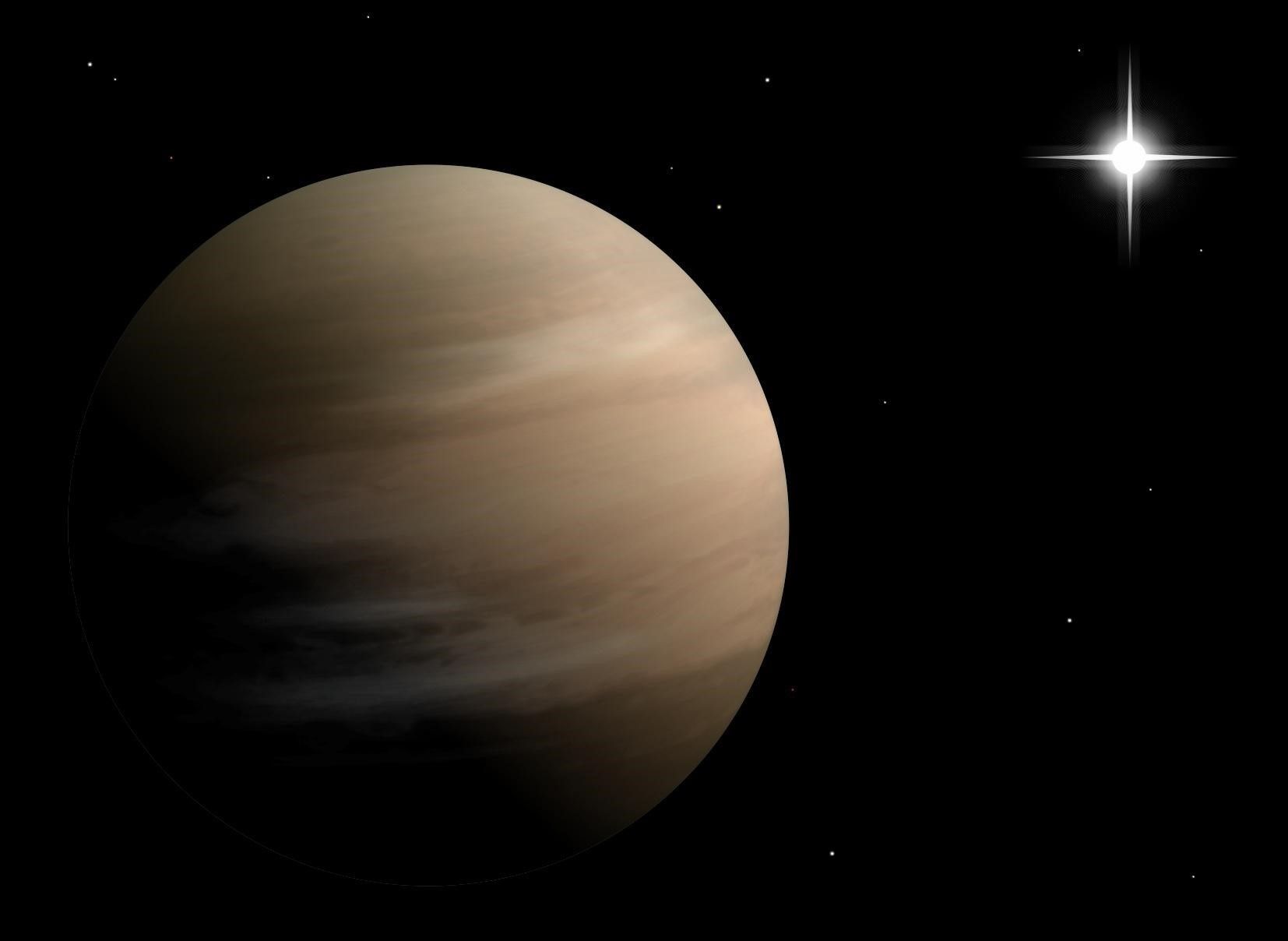 Artystyczna wizualizacja widoku na planetę BD+14 4559 b i jej gwiazdę. Ilustracja: W. Zięba/ IAU100 / PTA