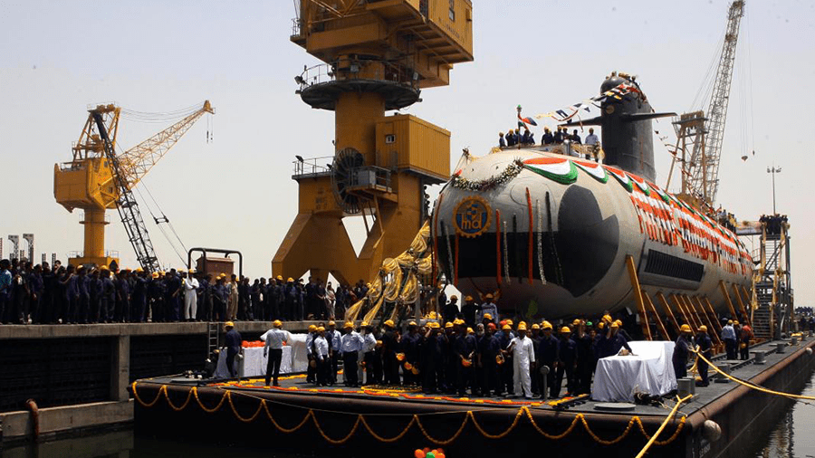 Wodowanie pierwszego indyjskiego Scorpèna INS „Kalvari”. Fot. Naval Goup