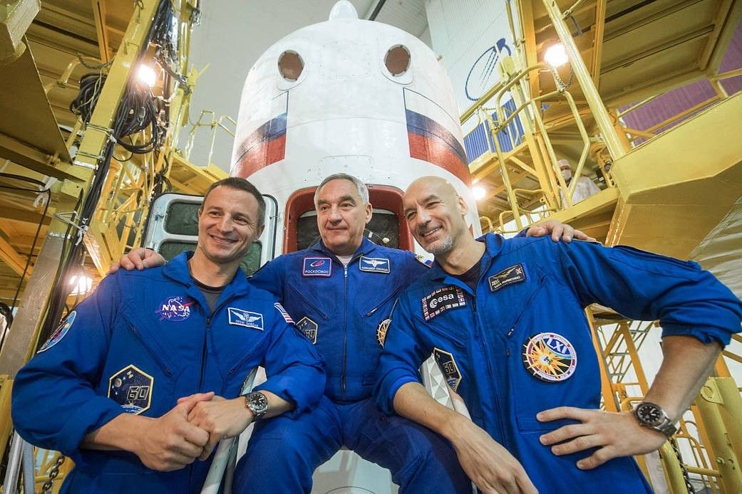 Skład załogi misji MS-13 na ISS - od lewej: Amerykanin Andrew Morgan, Rosjanin Aleksander Skworcow, Włoch Luca Parmitano. Fot. NASA/Andrey Shelepin/GCTC [nasa.gov]