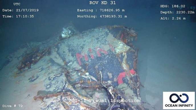 Zdjęcie kiosku zaginionego okrętu podwodnego „Minerve” z pozostałościami napisów - wykrytego na głębokości 2350 metrów. Fot. www.defense.gouv.fr
