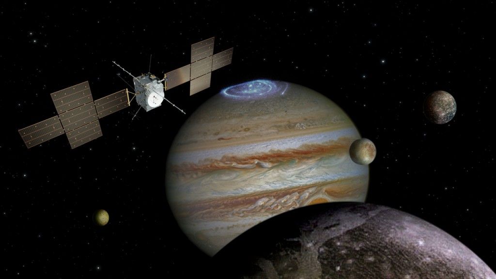 Ilustracja: ESA/ATG medialab [sonda], NASA/ESA/J. Nichols (University of Leicester) [Jowisz]; NASA/JPL [Ganimedes]; NASA/JPL/University of Arizona [Io]; NASA/JPL/DLR [Kallisto i Europa]