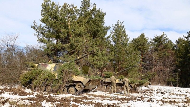 Ukrainian 2S1 Gvozdika howitzers during an exercise in Yavoriv.
