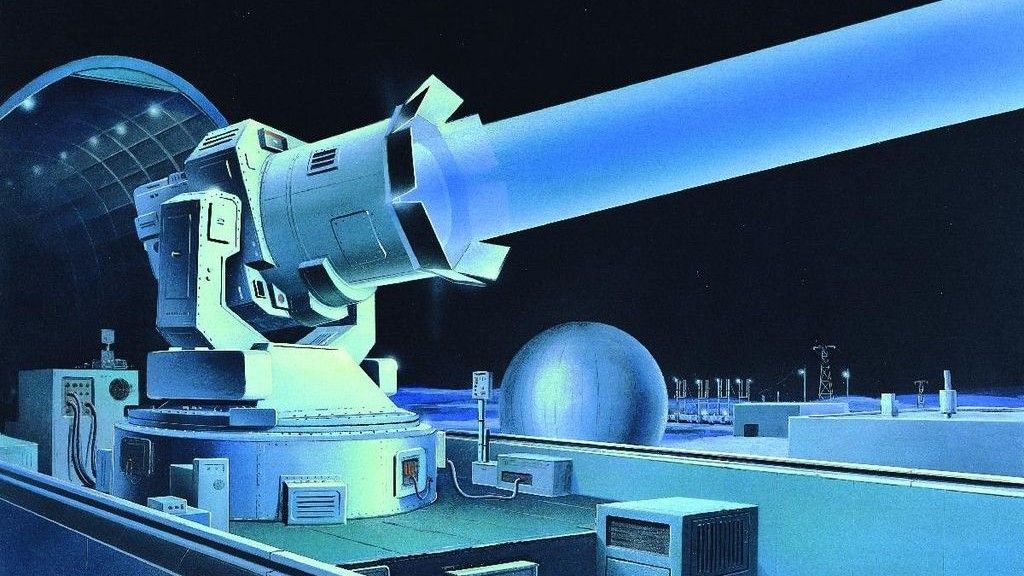 Wizja działania radzieckiej naziemnej stacji bojowej wyposażonej w system laserowy Terra-3 zdolny do rażenia obiektów na niskiej orbicie okołoziemskiej (amerykańskie opracowanie rządowe z 1986 roku). Ilustracja: Defense Intelligence Agency/Edward L. Cooper - domena publiczna