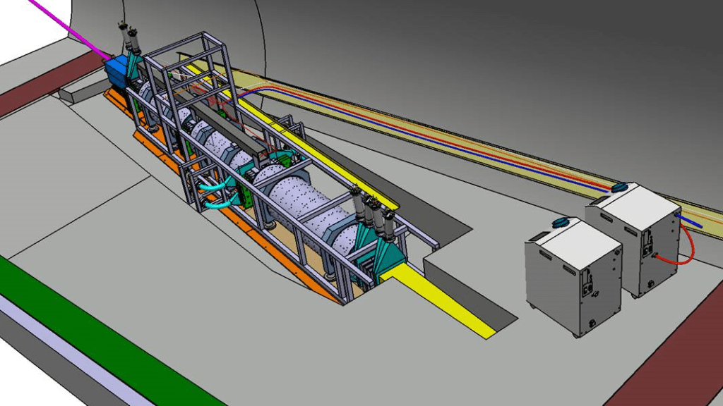 Projekt graficzny eksperymentu detekcyjnego FASER. Nowy detektor FASERν, będący bryłą o wymiarach 0,25x0,25x1.35 m, zostanie umieszczony w wąskim przesmyku, w sekcji frontowej głównego instrumentu FASER (żółty segment w prawym dolnym rogu schematu. Ilustracja: FASER/CERN [home.cern]