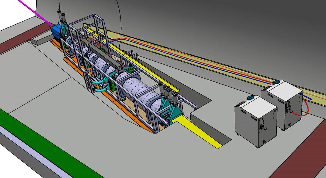 Projekt graficzny eksperymentu detekcyjnego FASER. Nowy detektor FASERν, będący bryłą o wymiarach 0,25x0,25x1.35 m, zostanie umieszczony w wąskim przesmyku, w sekcji frontowej głównego instrumentu FASER (żółty segment w prawym dolnym rogu schematu. Ilustracja: FASER/CERN [home.cern]