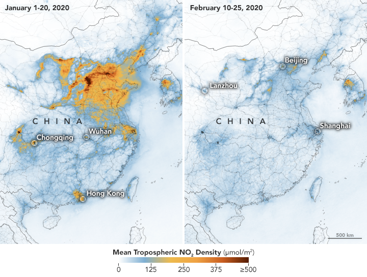 Porównanie stopnia jakości powietrza nad Chinami w czasie rozprzestrzeniania się epidemii koronawirusa COVID-19 - na przykładzie emisji dwutlenku azotu. Ilustracja: NASA Earth Observatory [earthobservatory.nasa.gov]