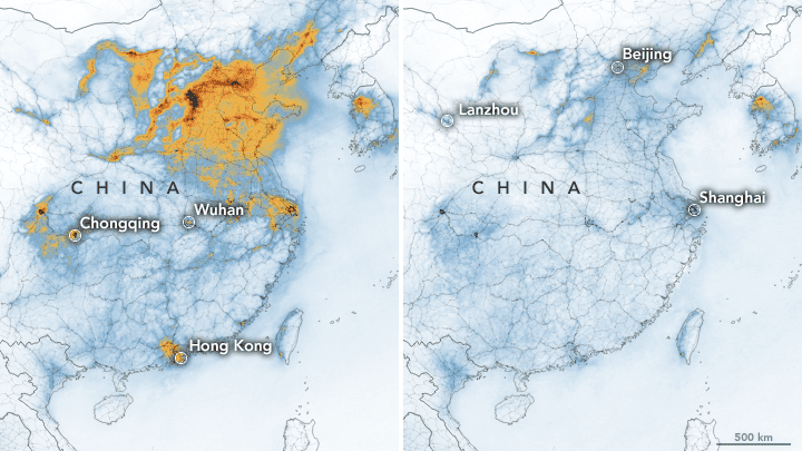 Porównanie stopnia jakości powietrza nad Chinami w czasie rozprzestrzeniania się epidemii koronawirusa COVID-19 - na przykładzie emisji dwutlenku azotu. Ilustracja: NASA Earth Observatory [earthobservatory.nasa.gov]