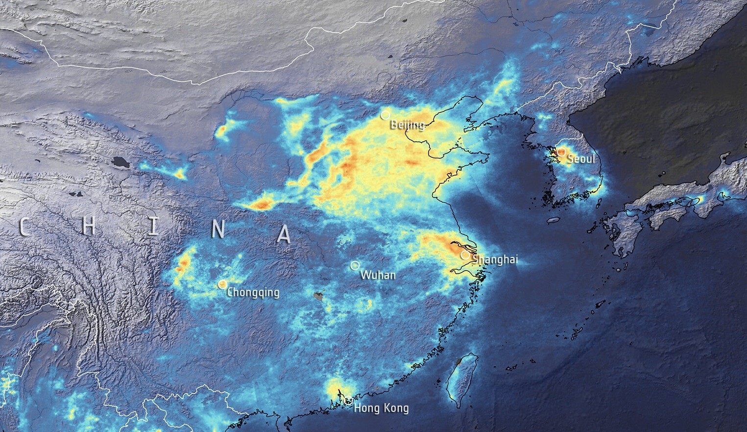 Zobrazowanie ukazujące nagromadzenie dwutlenku azotu w atmosferze nad Chinami - na krótko przed wprowadzeniem blokady państwowej w obliczu epidemii choroby koronawirusowej COVID-19. Ilustracja: ESA/Copernicus [esa.int]
