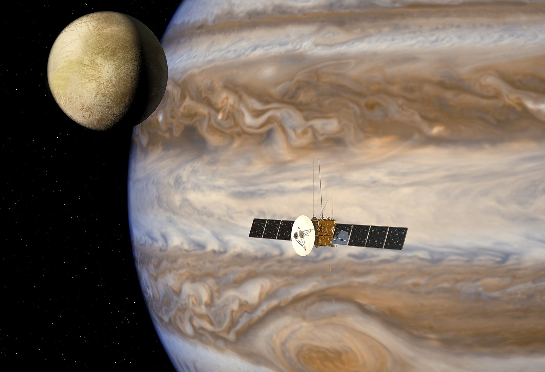 Wizualizacja misji JUpiter ICy moons Explorer. Ilustracja: ESA/AOES [esa.int]