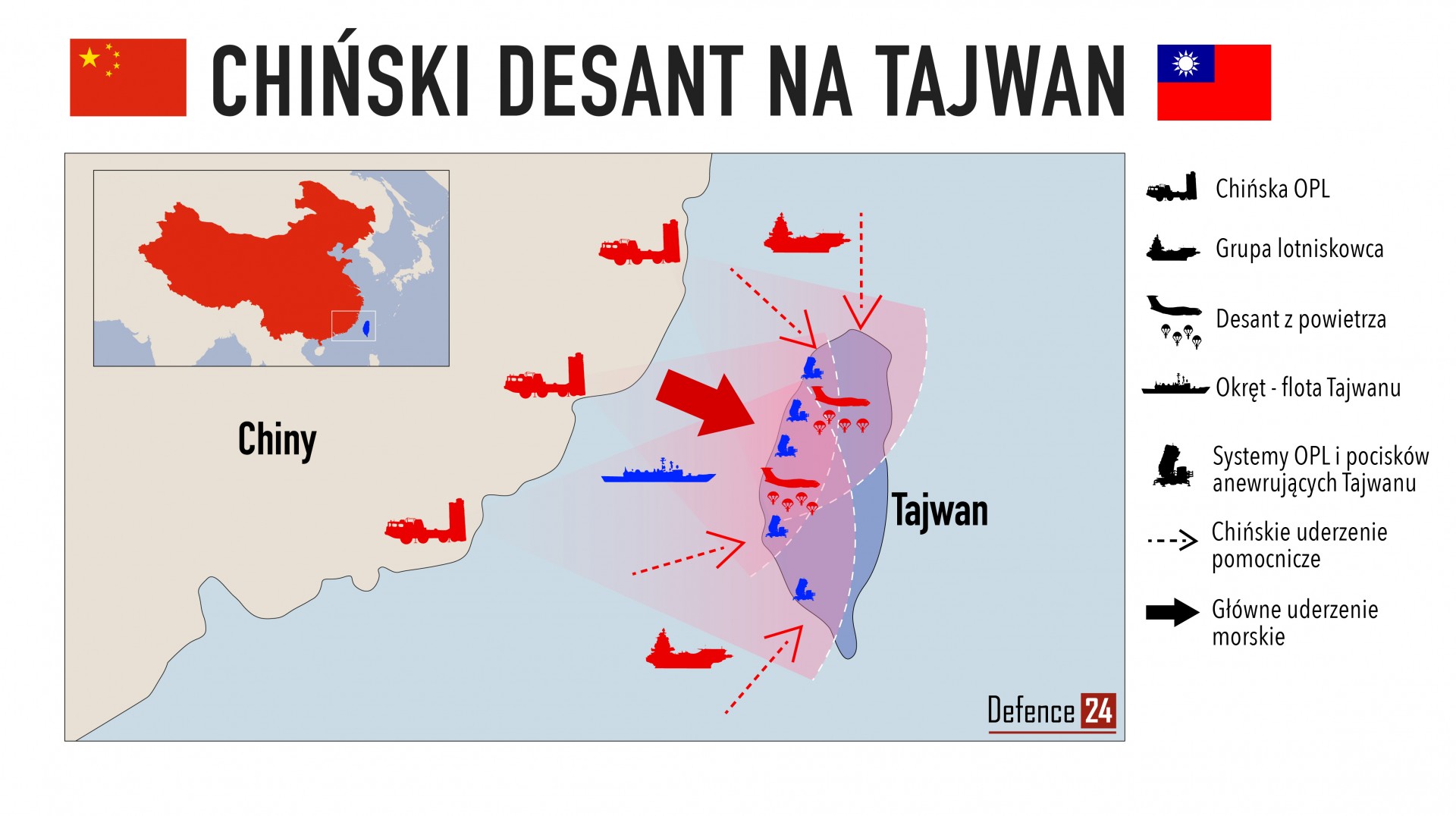 Grafika przedstawiająca możliwy przebieg inwazji na Tajwan. Grafika: Katarzyna Głowacka/Defence24.pl.