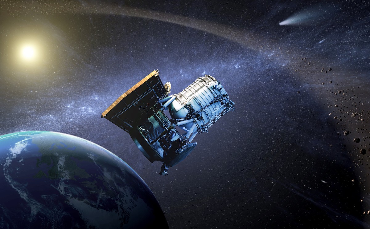 Wizualizacja przedstawiająca teleskop kosmiczny misji NEOWISE, dzięki krótemu wykryto kometę C/2020 F3. Ilustracja: NASA Jet Propulsion Lab [jpl.nasa.gov]