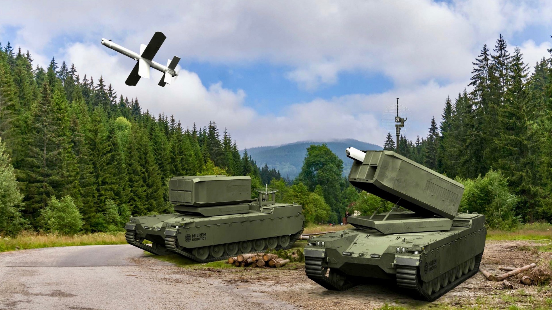 Milrem Type-X uzbrojony z amunicję krążącą Hero-400EC. Rys. Milrem