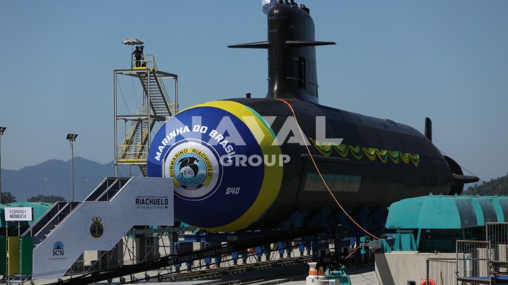 Wodowanie brazylijskiego okrętu podwodnego typu Scorpène „Riachuelo”. Fot. Naval Group