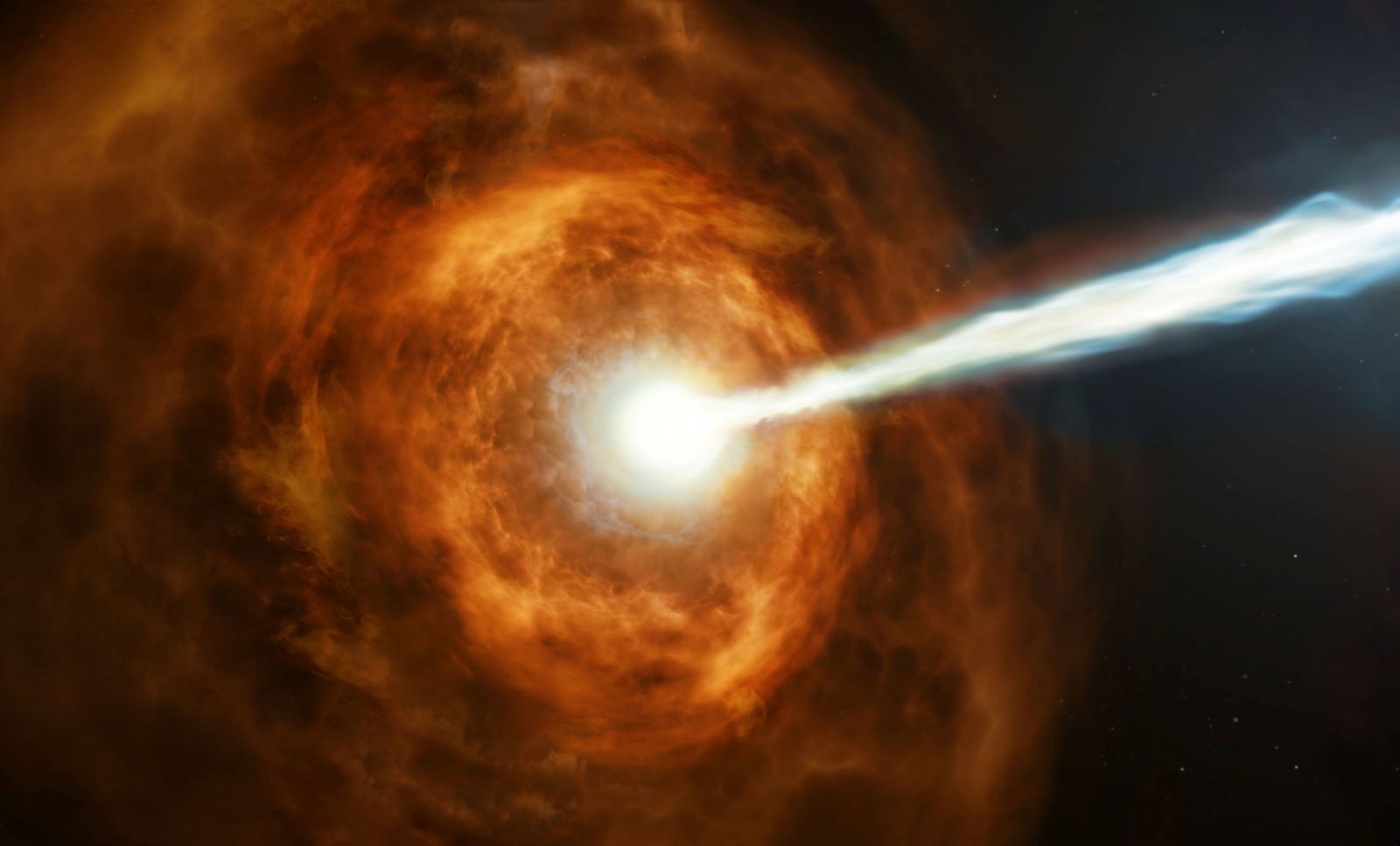 Wizja graficzna rozbłysku gamma (Gamma Ray Burst) - frakcja emitowanych w ich trakcie cząstek może stanowić pewną niewielką składową obserwowanego promieniowania ultra-wysokich energii. Ilustracja: NASA [nasa.gov]