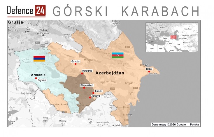 Szusza leży zaledwie około 15 km na południe od Stepanakertu. Mapa: Katarzyna Głowacka/Defence24.pl
