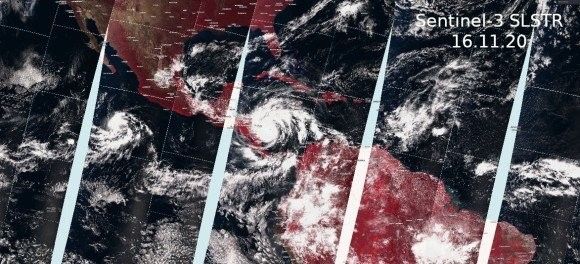 Zobrazowanie z satelity Sentinel-3 ukazujące huragan Iota - 15 listopada 2020 roku. Ilustracja: IGiK