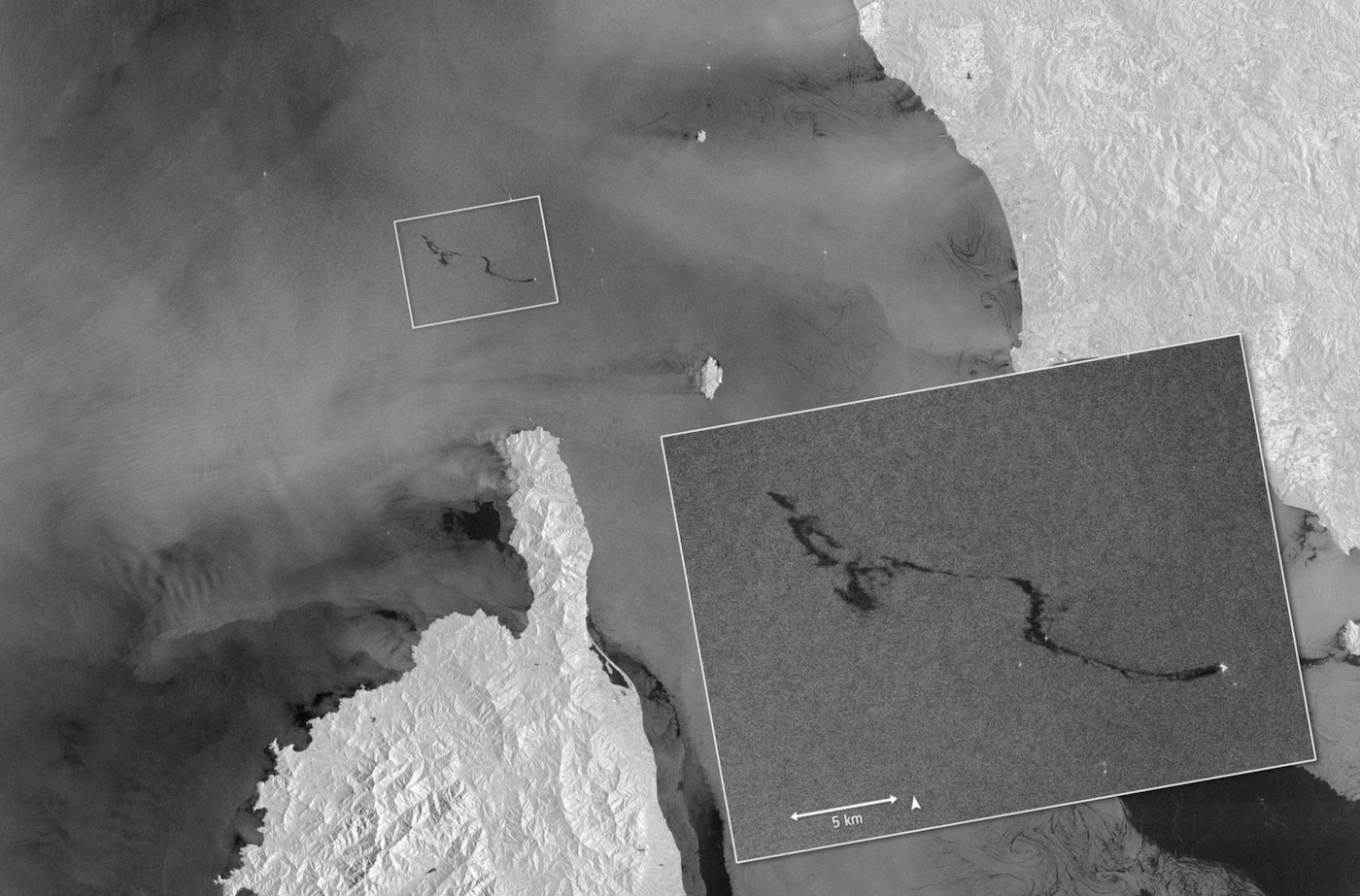 Zobrazowanie radarowe z satelity Sentinel-1 ukazujące wyciek na Morzu Śródziemnym (w październiku 2018 roku). Fot. ESA/Copernicus [esa.int]