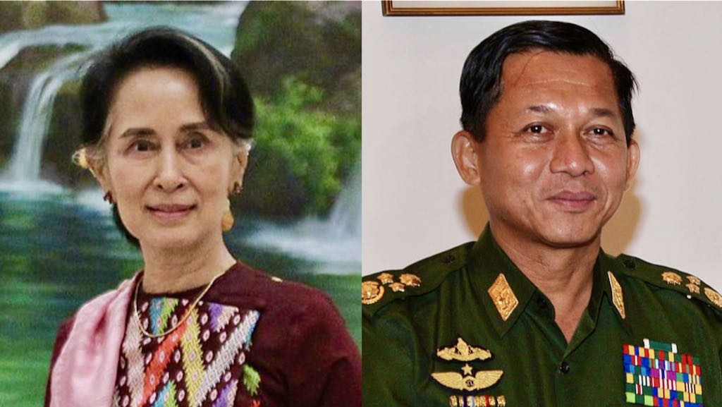 Aung San Suu Kyi (po lewej), gen. Min Aung Hlaing (po prawej), graf. Chainwit/Wikimedia/CC BY-SA 4.0