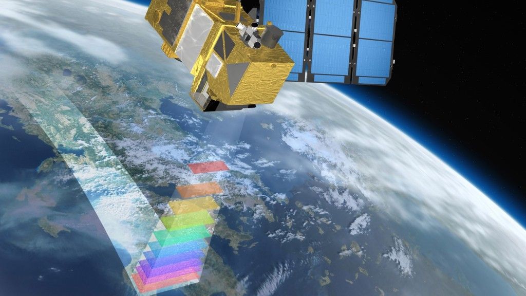 Grafika przedstawiająca działanie satelity Sentinel-2, jednego ze składników konstelacji programu Copernicus. Ilustracja: ESA [climate.esa.int]