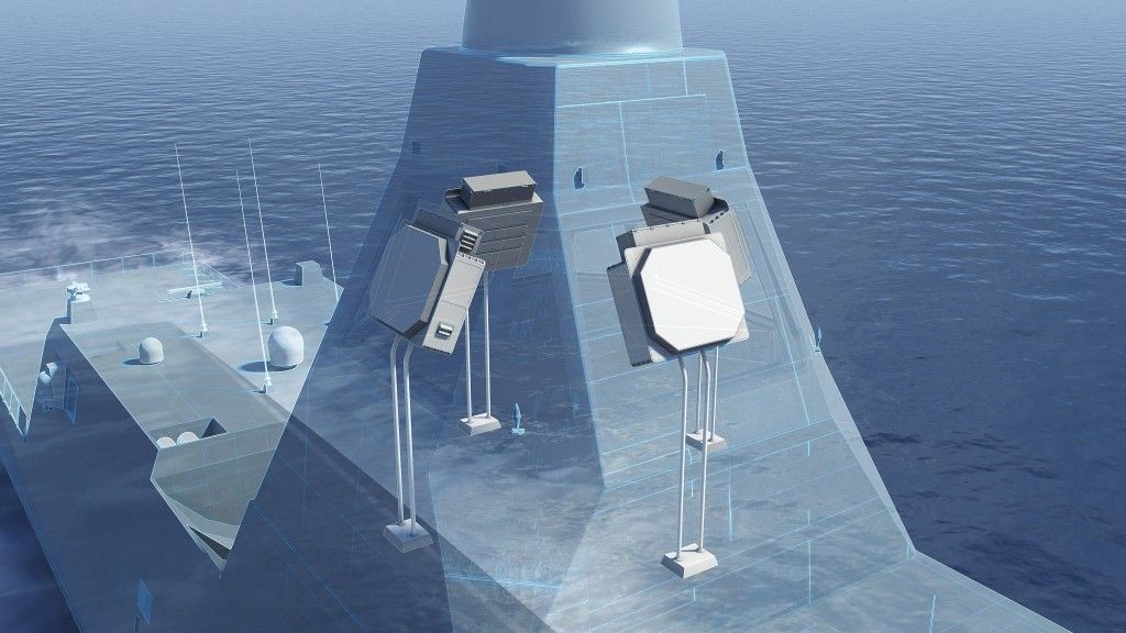 Sposób rozmieszczenia anten radaru Sea Fire na budowanych dla francuskiej marynarki wojennej fregatach FDI. Fot. Thales