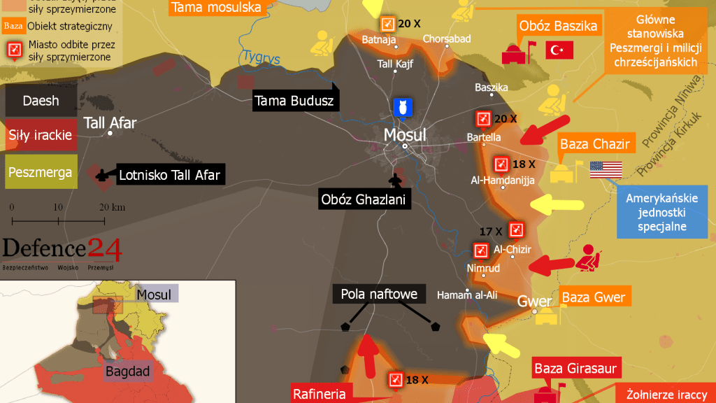 Sytuacja militarna wokół Mosulu - 20 października 2016r. Mapa: Defence24.pl