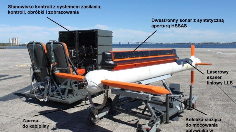 Przewrócony do góry "brzuchem" opływnik systemu AN/AQS-24B oraz stanowiska operatorów systemu. Fot. Northrop Grumman/M.Dura