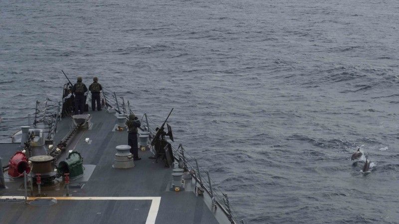 Delfiny towarzyszące amerykańskiemu niszczycielowi typu Arleigh Burke USS „Farragut”. Fot. J.Hart/US Navy