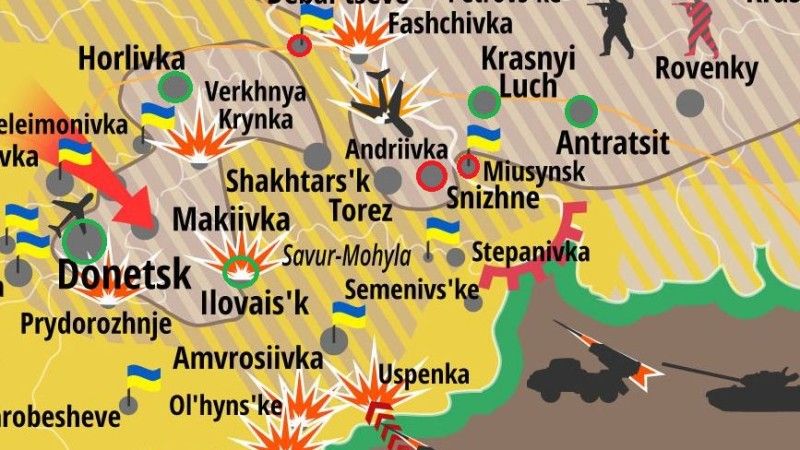 Mapa ofensywy ATO z 13.8. Naniesione poprawki obrazują zmianę sytuacji strategicznej w ciągu ostatniej doby. Fot. rnbo.gov.ua/D24