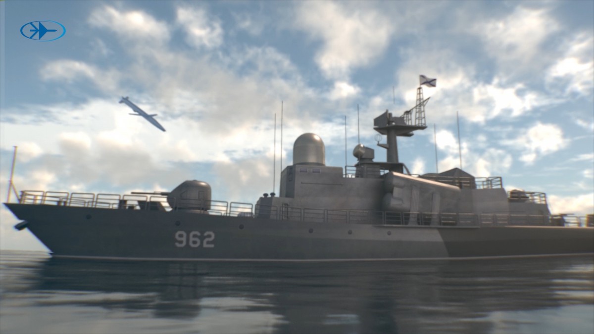 Artystyczna wizja ataku izraelskiej rakiety Sea Breaker na rosyjski, mały okręt rakietowy projektu 1241.1 typu „Mołnia” (wg NATO typu Tarantul-II). Fot. Rafael