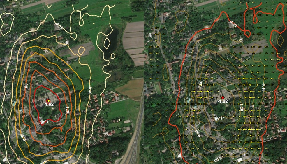 Deformacje pionowe (po lewej) oraz poziome w kierunku wschód-zachód z obrazów satelitarnych dla terenu Bytomia. Ilustracja: Instytut Geodezji i Geoinformatyki UPWr [igig.upwr.edu.pl]