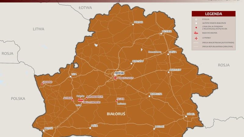 Regionalna Grupa Wojsk na Białorusi. Kluczowe lokalizacje. Mapa: Artur Rosiński, dane: Jarosław Ciślak.