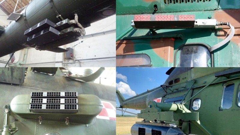 Opis: Wyrzutnie flar (wczesna wersja) K-811H zabudowane na śmigłowcach Mi-24, Mi-17, W-3 Sokół na w konfiguracji testowej oraz system w zasobniku.