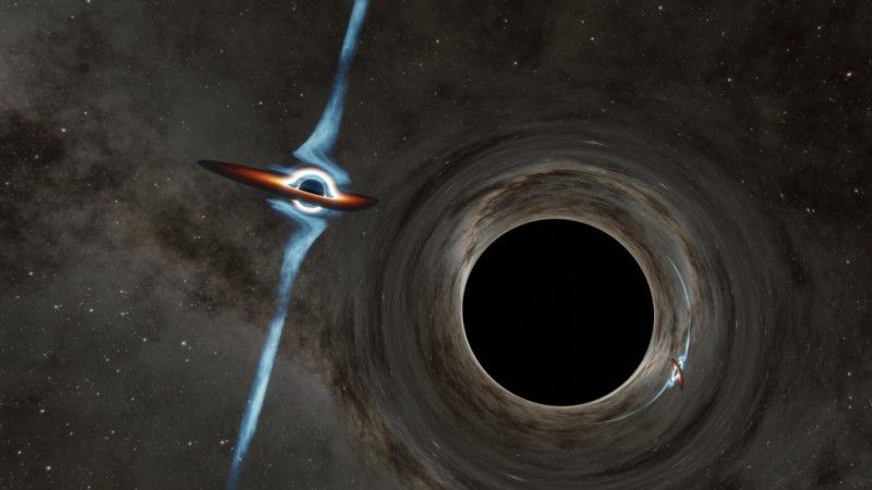 Artystyczna wizja układu podwójnego supermasywnych czarnych dziur w kwazarze PKS 2131-021