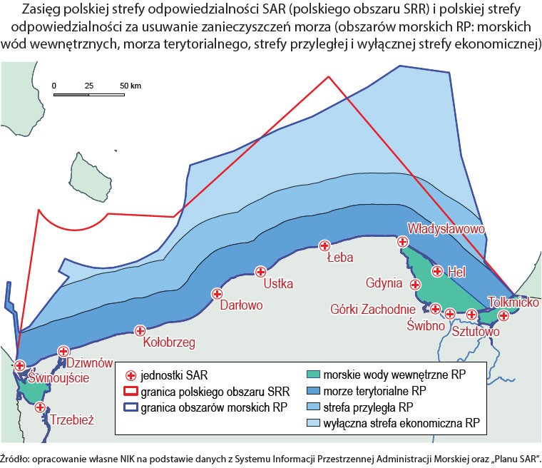 Służba SAR - Mapa zasięgu polskiej strefy odpowiedzialności SAR