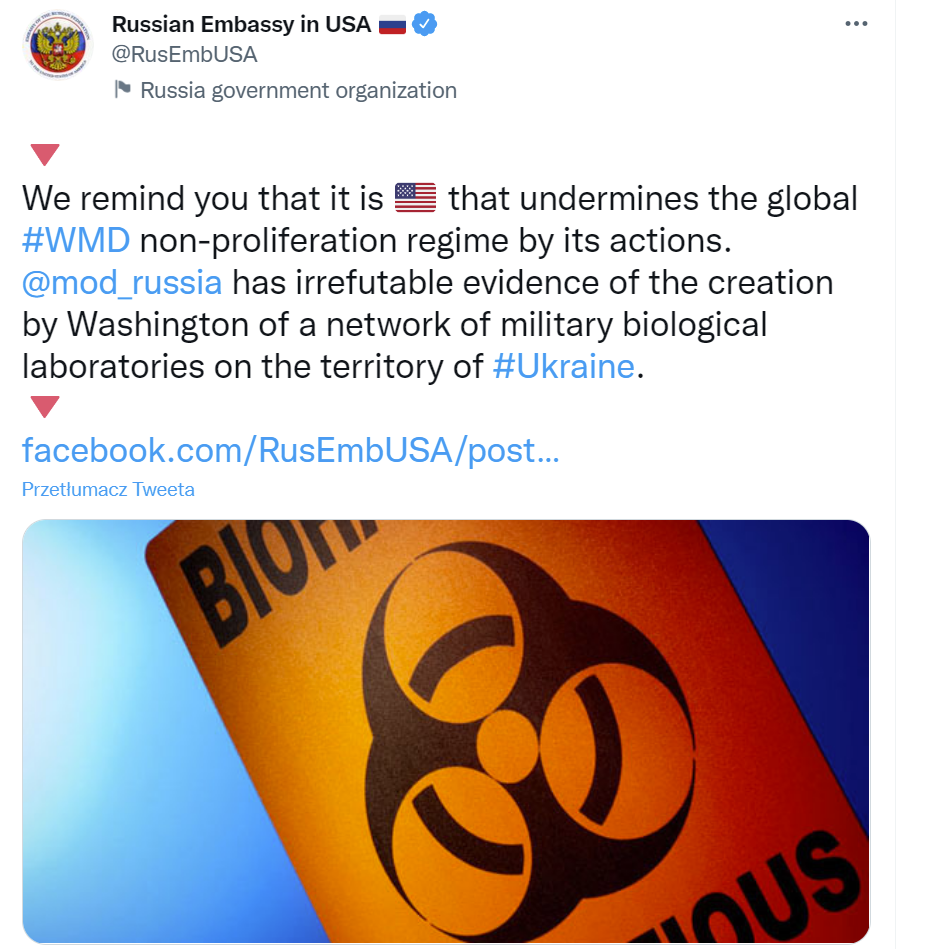 Rosyjska ambasada w USA dezinformuje w sprawie "biolaboratoriów na terenie Ukrainy"