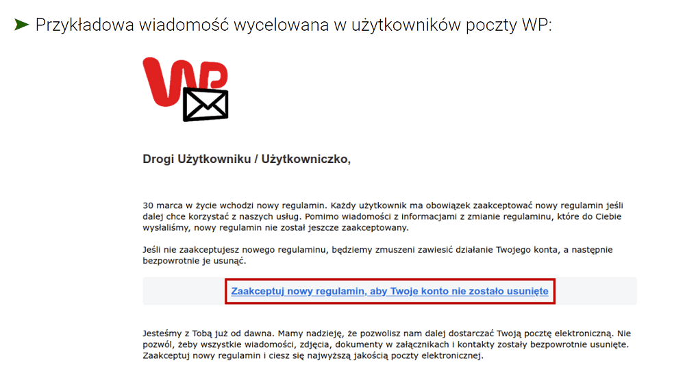 Przykład złośliwej wiadomości za pośrednictwem poczty WP