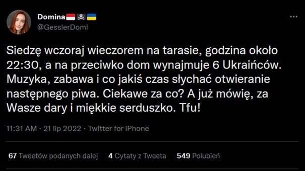 Przykład antyukraińskiego wpisu na Twitterze