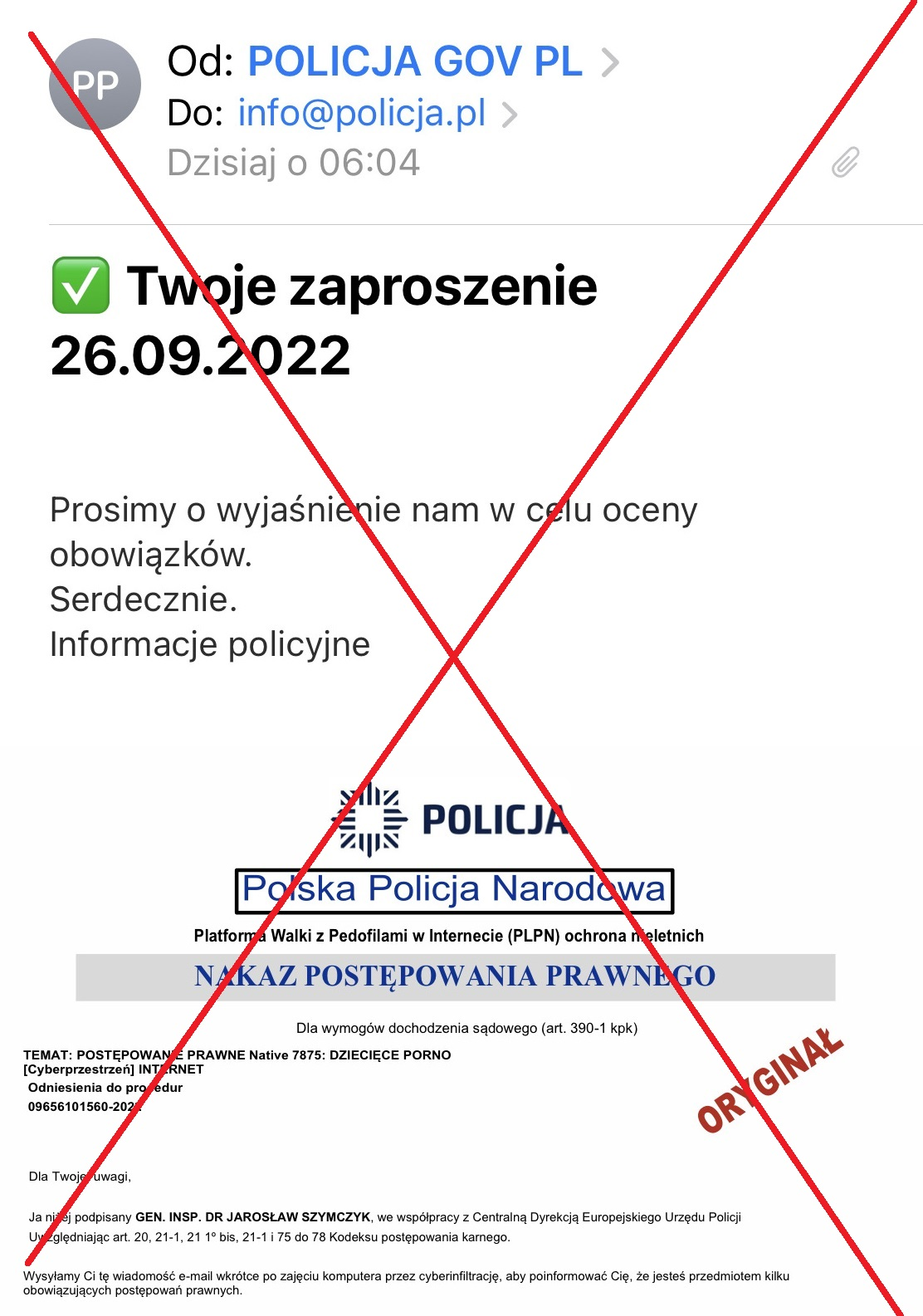Tekst fałszywej wiadomości mailowej, która podszywa się pod polską Policję