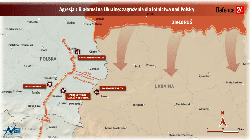 Strefa niebezpieczna dla lotów pasażerskich w momencie ataku ze strony Białorusi na Ukrainę