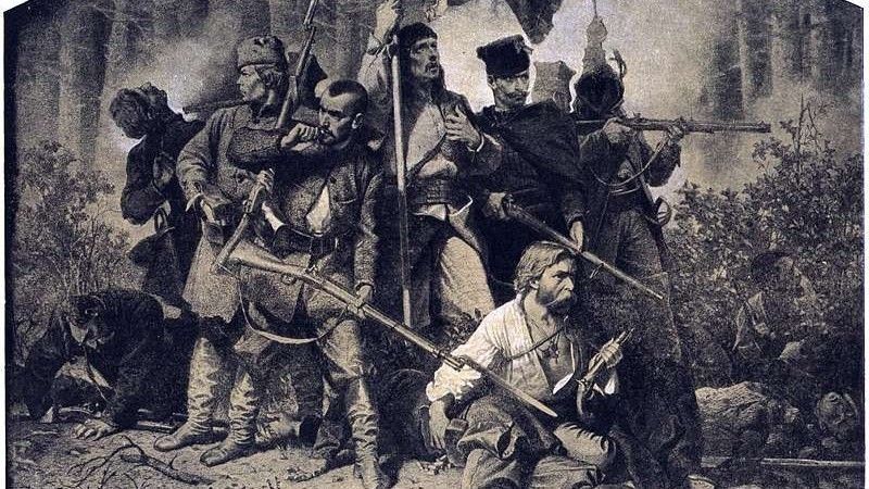 Obraz Artura Grottgera, zatytułowany "Bitwa" z cyklu Polonia 1863.