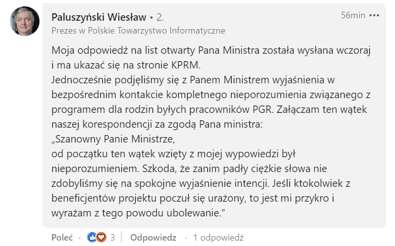 Wiesław Paluszyński przeprasza w serwisie LinkedIN za swoje słowa