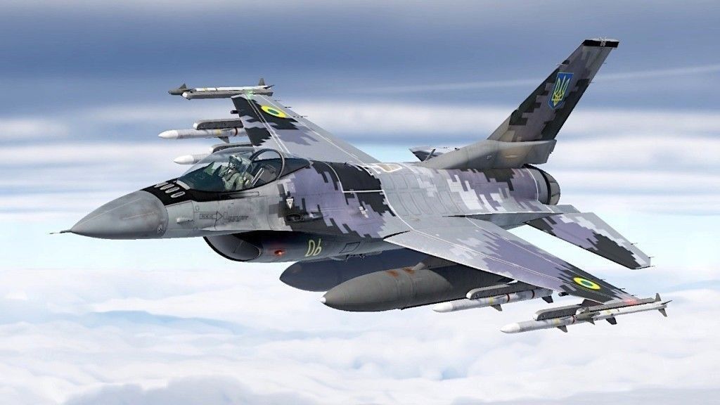 Artystyczna wizja F-16 w pikselowym kamuflarzu typowym dla Sił Powietrznych Ukrainy.