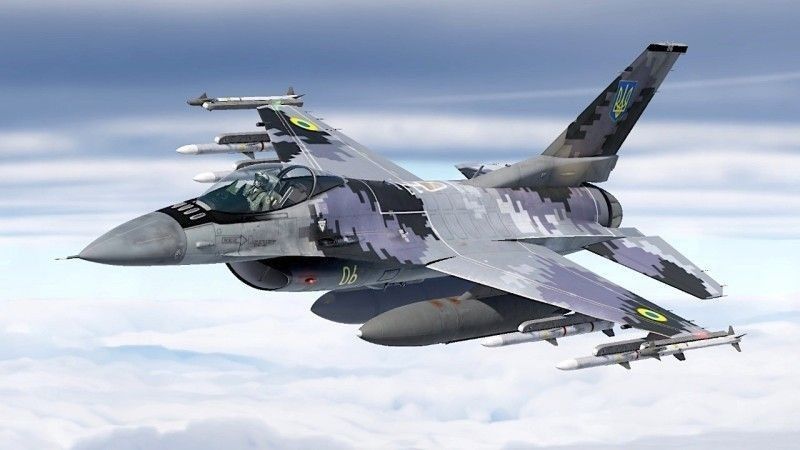 Artystyczna wizja F-16 w pikselowym kamuflażu typowym dla Sił Powietrznych Ukrainy
