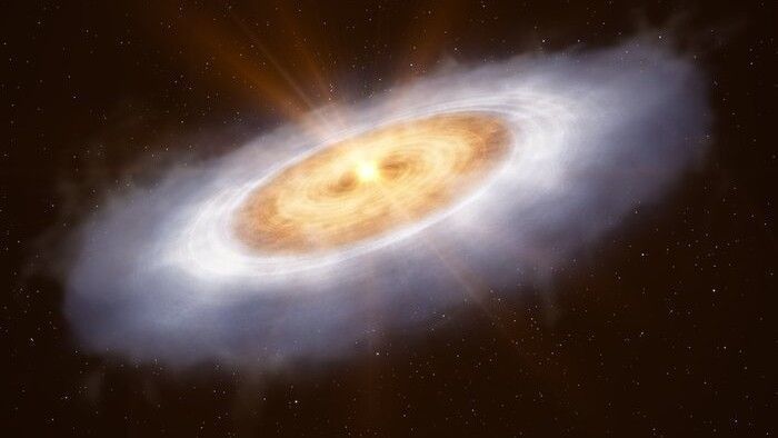 Woda w dysku planetotwórczym wokół gwiazdy V883 Orionis (zdjęcie artystyczne).