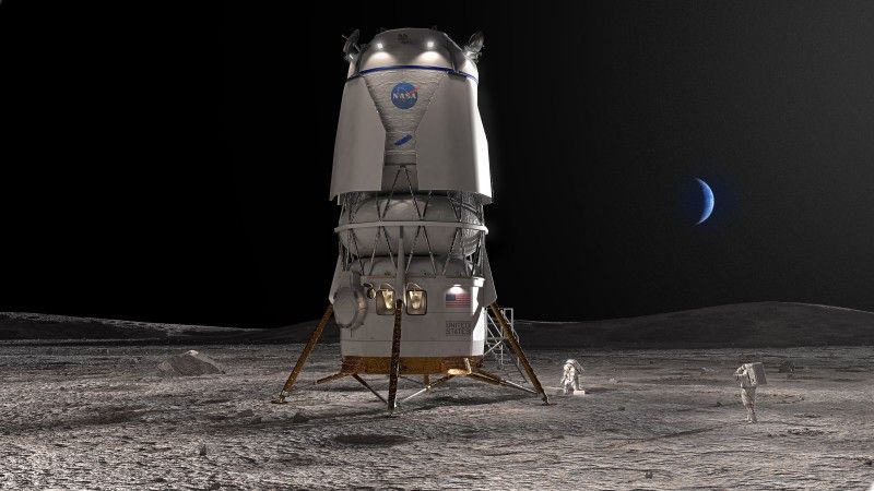 Ilustracja artystyczna lądownika księżycowego o nazwie Blue Moon firmy Blue Origin.