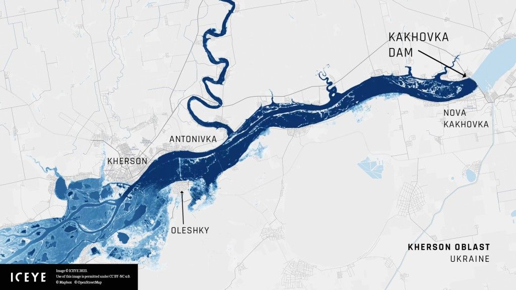 Obwód chersoński podczas powodzi, na podstawie analizy przeprowadzonej przez ICEYE.