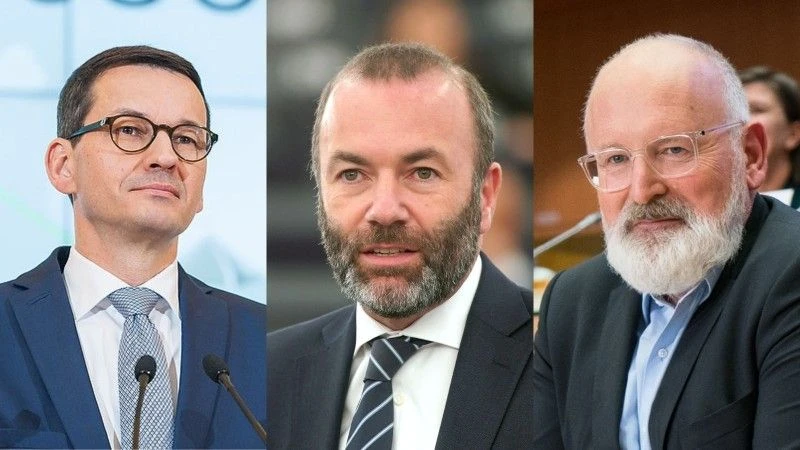 Od lewej: premier Mateusz Morawiecki, Manfred Weber i Frans Timmermans